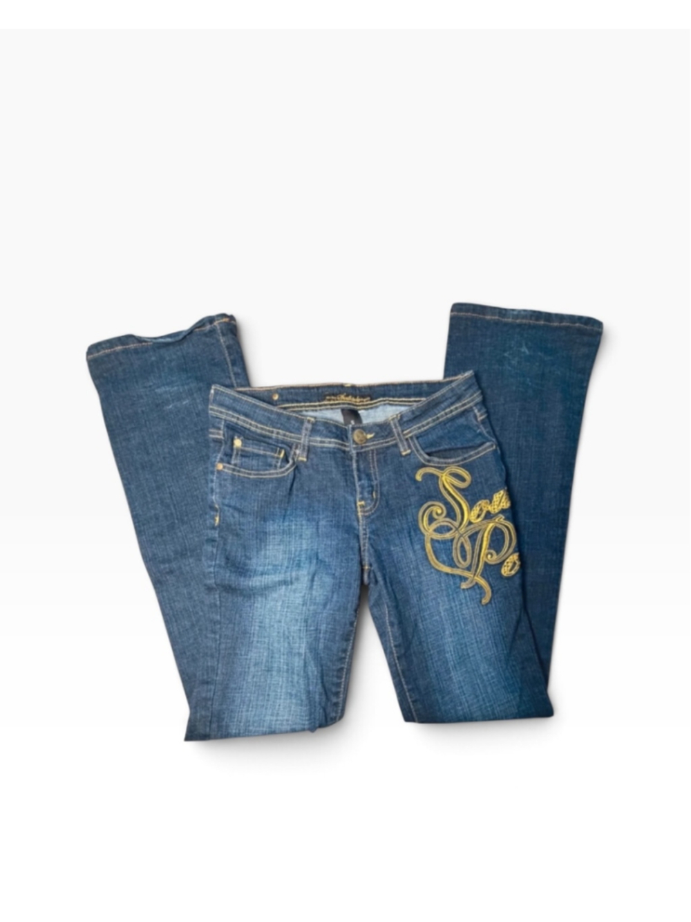 Women's Southpole Straight Leg Jeans Size 5 Blue Gold Embroidered Logo Y2K